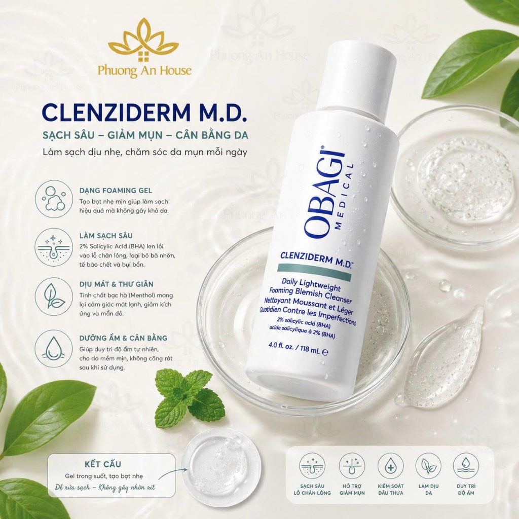 Sữa Rửa Mặt Obagi Clenziderm M.D. BHA 2% 118ml Cho Da Dầu Mụn Làm Sạch Sâu Kiểm Soát Dầu Giảm Mụn
