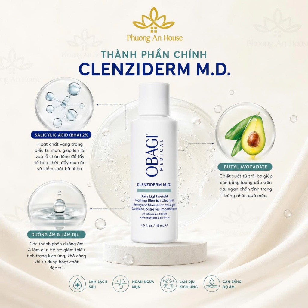 Sữa Rửa Mặt Obagi Clenziderm M.D. BHA 2% 118ml Cho Da Dầu Mụn Làm Sạch Sâu Kiểm Soát Dầu Giảm Mụn