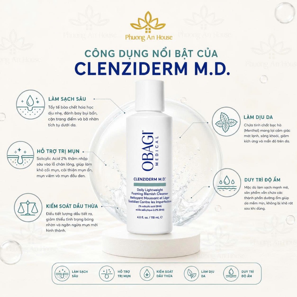 Sữa Rửa Mặt Obagi Clenziderm M.D. BHA 2% 118ml Cho Da Dầu Mụn Làm Sạch Sâu Kiểm Soát Dầu Giảm Mụn