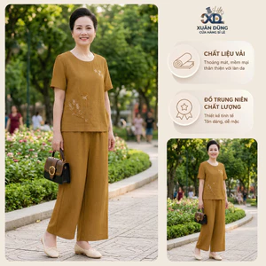Đồ Bộ Trung Niên Tơ Xước Thêu Hoa Cao Cấp – Set Áo Cộc Tay Quần Suông Dài Mềm Mát Thanh Lịch FREESIZE 55-68kg