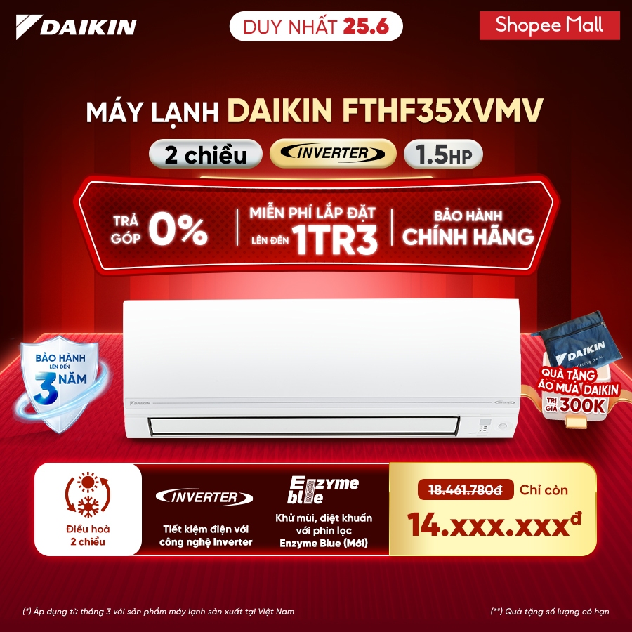 [MIỄN PHÍ LẮP ĐẶT 1TR3] Điều hòa Daikin Inverter 2 chiều FTHF35XVMV - 1.5HP 12000BTU