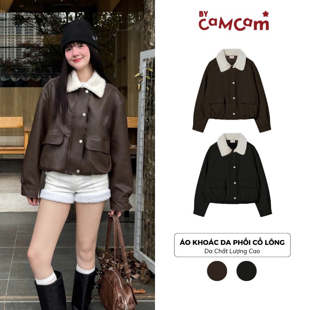 Áo Khoác Da Phối Cổ Lông 𝑩𝒚𝒄𝒂𝒎𝒄𝒂𝒎 Phong Cách Hàn Quốc Tối Giản Nữ Tính Mùa Đông AKHD384