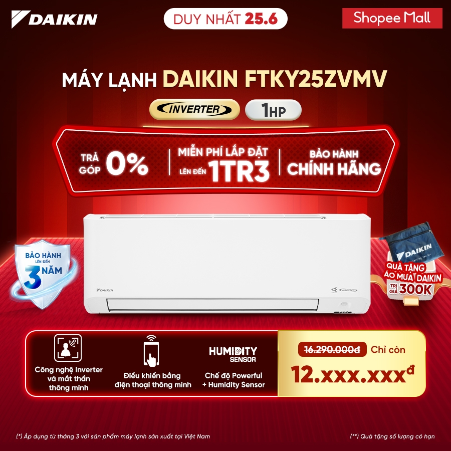 [MIỄN PHÍ LẮP ĐẶT 1TR3] Máy Lạnh Daikin Inverter 1 chiều FTKY25ZVMV 1HP 9000BTU