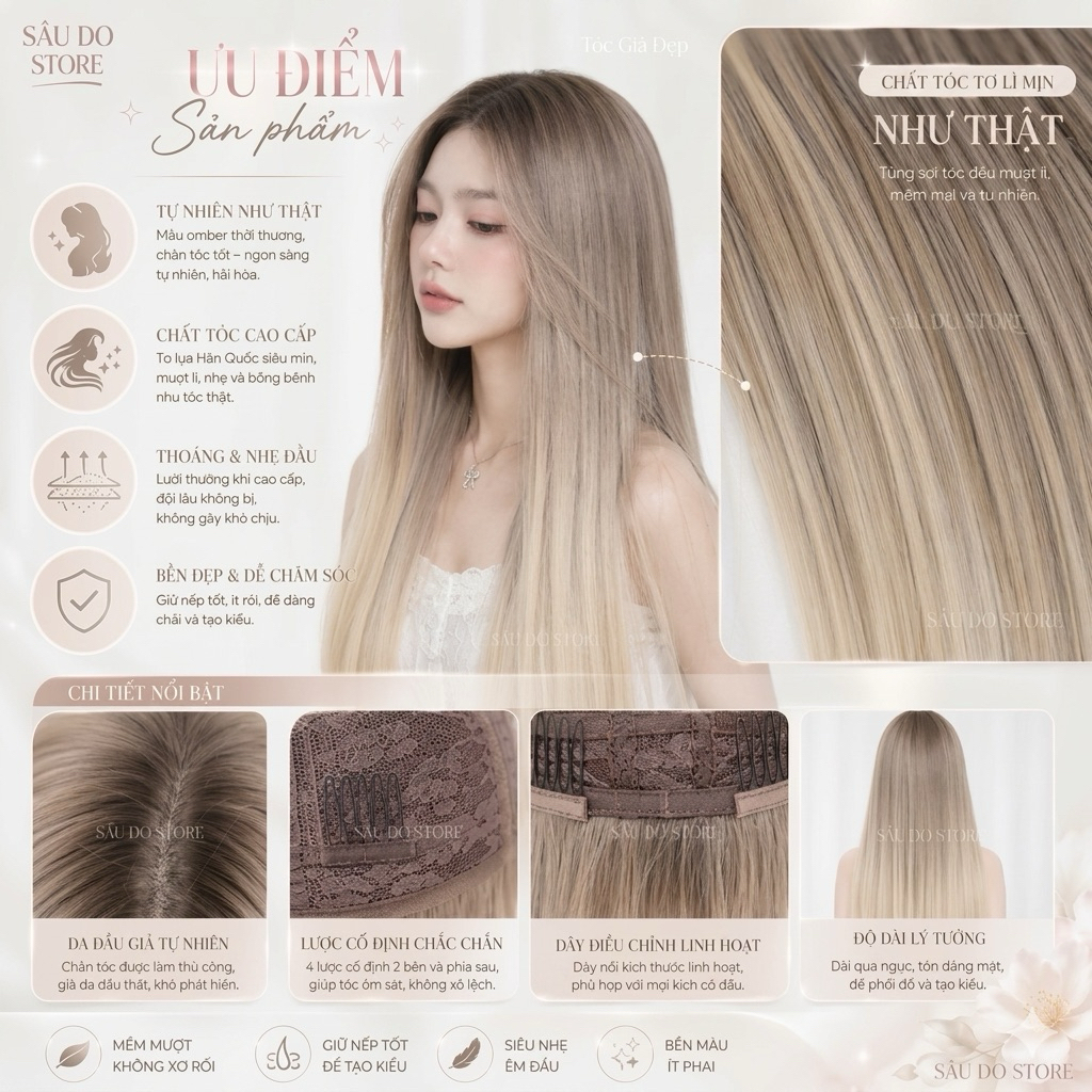 💋TẶNG LƯỚI TRÙM💋 TÓC NGUYÊN ĐẦU NHUỘM OMBER NÂU KHÓI BẠCH KIM SANG CHẢNH