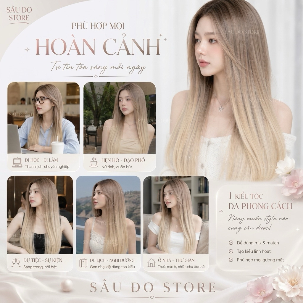 💋TẶNG LƯỚI TRÙM💋 TÓC NGUYÊN ĐẦU NHUỘM OMBER NÂU KHÓI BẠCH KIM SANG CHẢNH