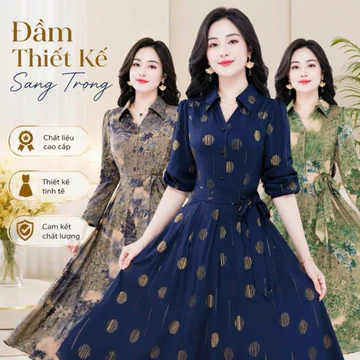 Đầm trung niên cho mẹ mặc dự tiệc, váy trung niên cho mẹ Lụa Pháp cổ Sơ Mi (ph02)