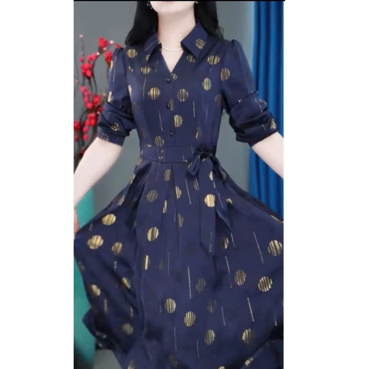 Đầm trung niên cho mẹ mặc dự tiệc, váy trung niên cho mẹ Lụa Pháp cổ Sơ Mi (ph02)