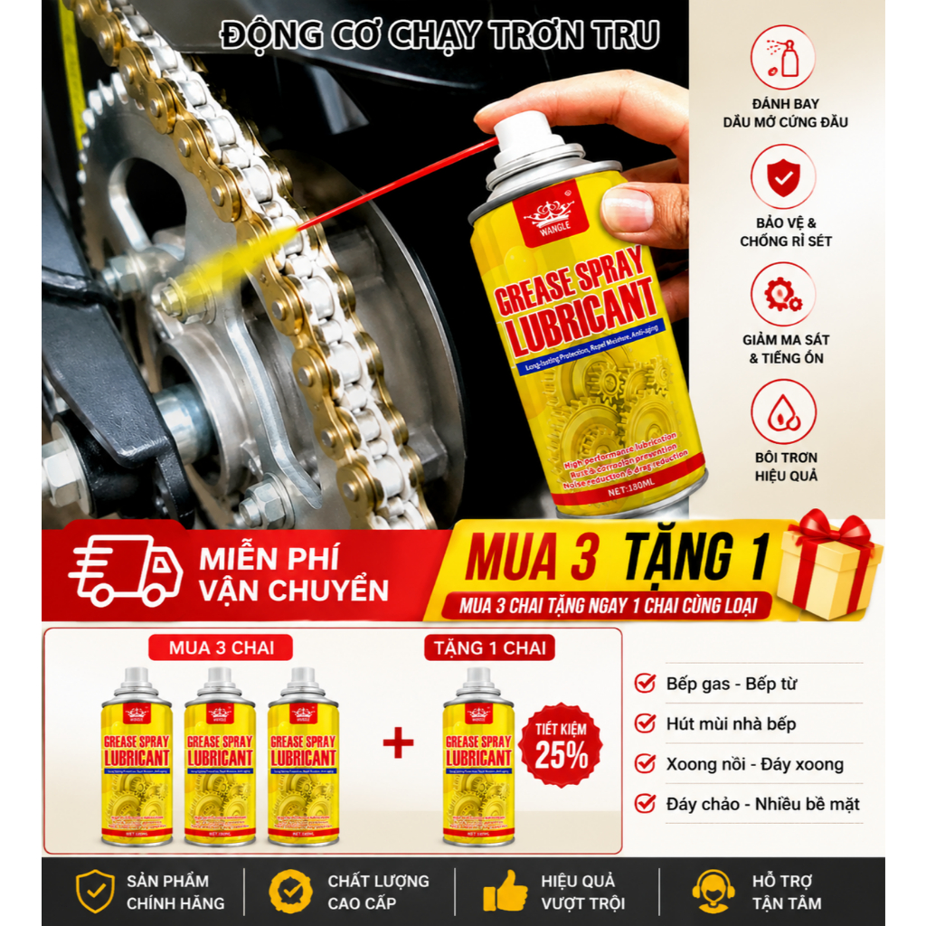 Dầu Bôi Trơn Xịt 180ML|Grease Spray Lubricant|Chống Rỉ Sét, Giảm Ma Sát, Bôi Trơn Xích Xe Máy|Miễn Phí Ship|Mua 3 Tặng 1