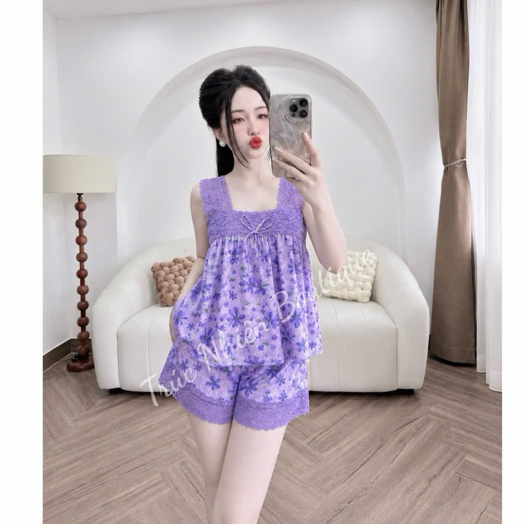 Bộ Ngủ Lụa Gấm xước Dây Bản Viền Ren in Họa Tiết xinh Freesize 40-60kg - S01