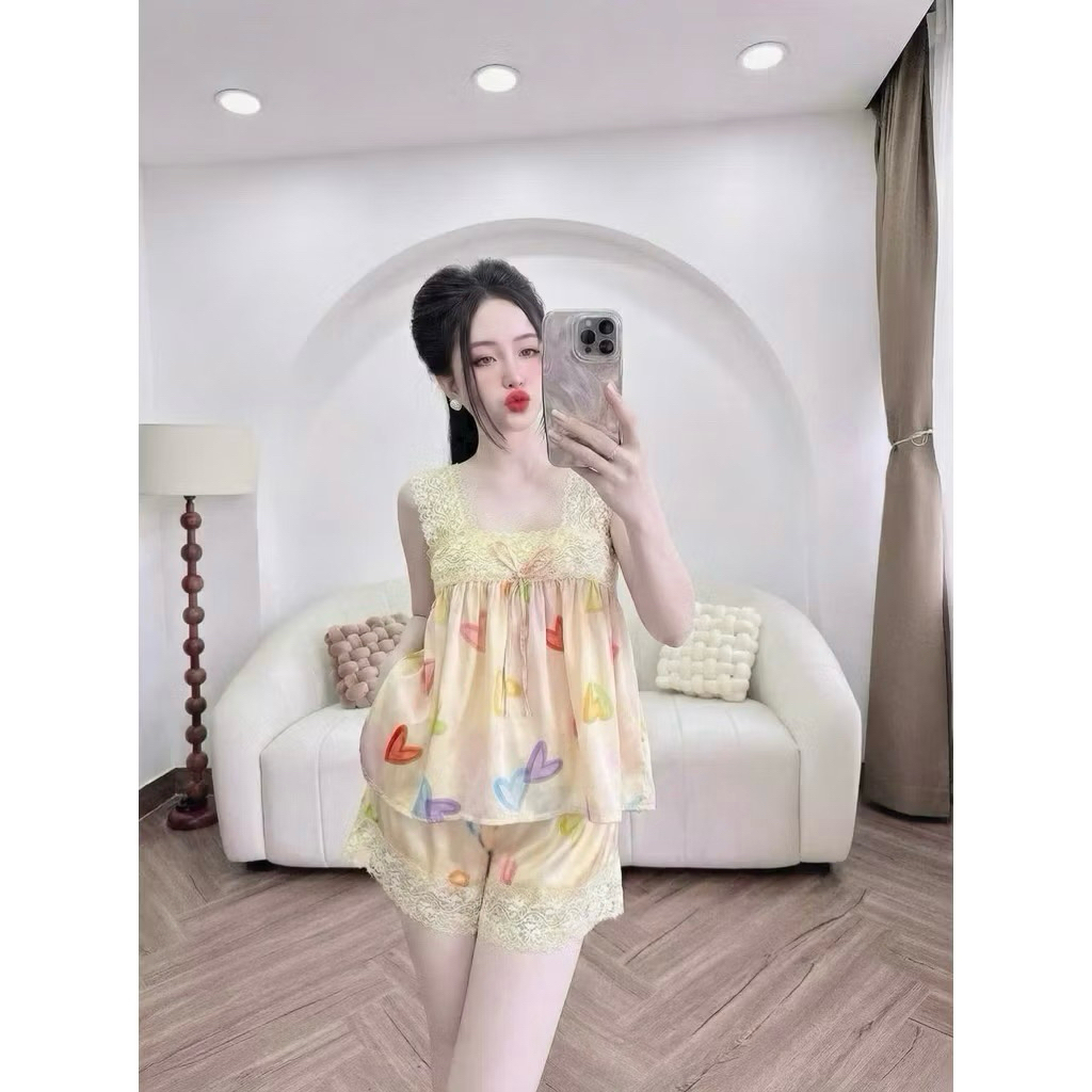 Bộ Ngủ Lụa Gấm xước Dây Bản Viền Ren in Họa Tiết xinh Freesize 40-60kg - S01