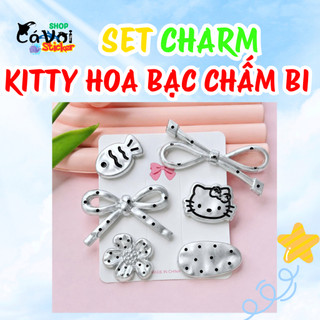 [ĐỘC QUYỀN]  ✨ Set Charm 6 Món Hello Kitty Hoa Bạc Chấm Bi Cao Cấp – Nơ Bạc Cá Nhỏ Kawaii Trang Trí Dép 3D Dễ Thương Hot