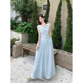 HB - Đầm Maxi Nữ Dáng Dài Cổ V Sát Nách - Váy Thiết Kế Giả Gile Khuy Ngực D27