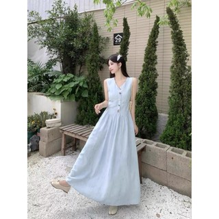 HB - Đầm Maxi Nữ Dáng Dài Cổ V Sát Nách - Váy Thiết Kế Giả Gile Khuy Ngực D27