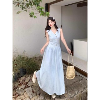 HB - Đầm Maxi Nữ Dáng Dài Cổ V Sát Nách - Váy Thiết Kế Giả Gile Khuy Ngực D27