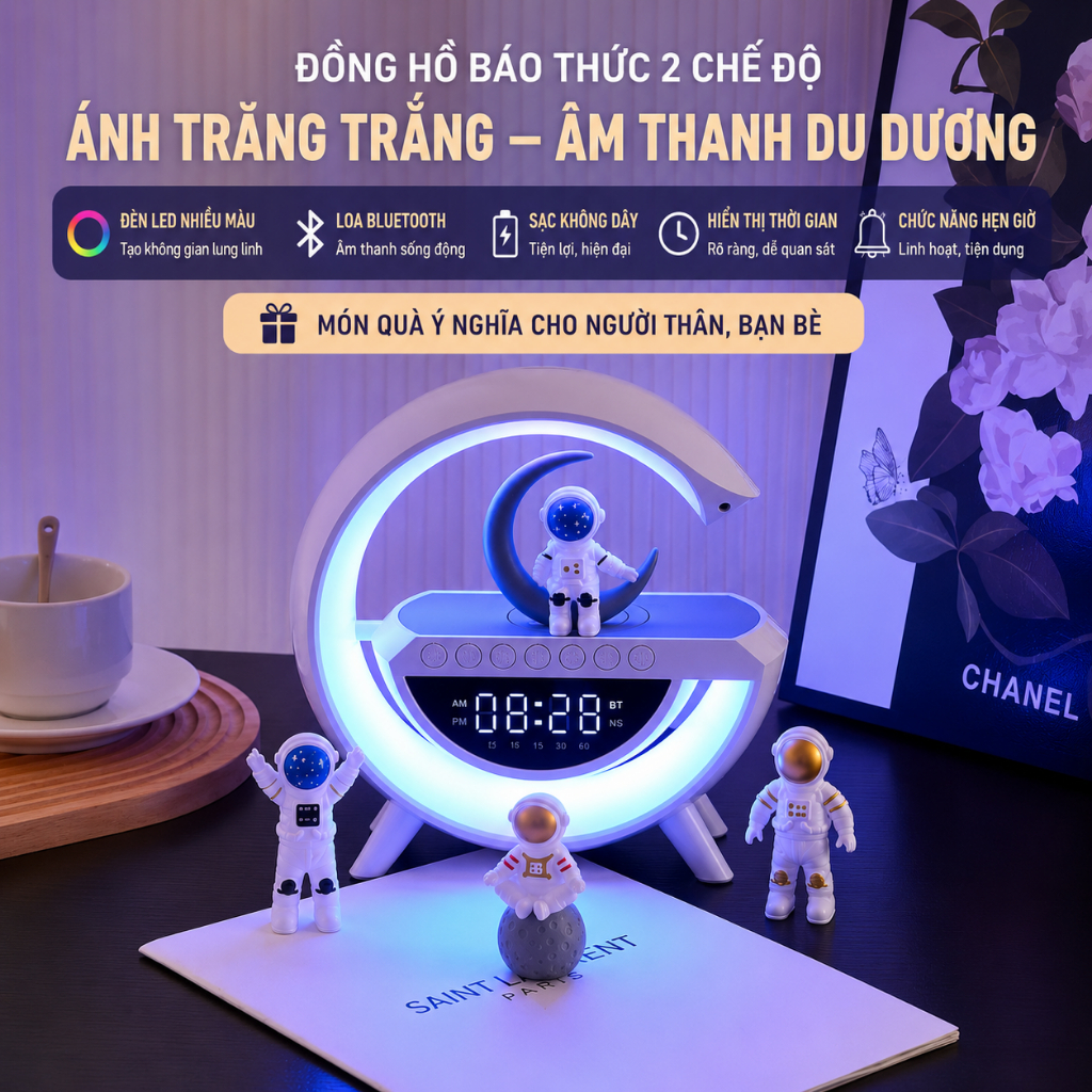Đèn ngủ trang trí có tích hợp loa bluetooh, đồng hồ xem giờ, báo thức và sạc không dây