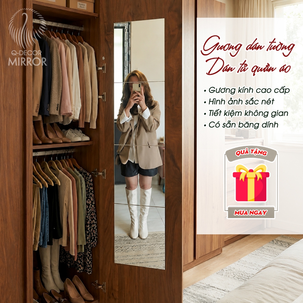 Gương Soi Toàn Thân Dán Tường Dán Tủ Quần Áo Q Decor, Gương Ghép Vuông Trang Trí Phòng Ngủ Phòng Khách Spa