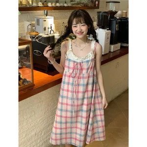 Đầm Ngủ Caro Hồng Phối Ren Vintage Nữ - Váy Hai Dây Dáng Suông Tiểu Thư Hàn Quốc Dễ Thương