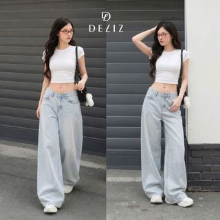 DELIZ - Quần jean nữ ống rộng cạp thấp tôn dáng chất liệu jean denim mềm cao cấp J420 (đã cắt sẵn khuy)