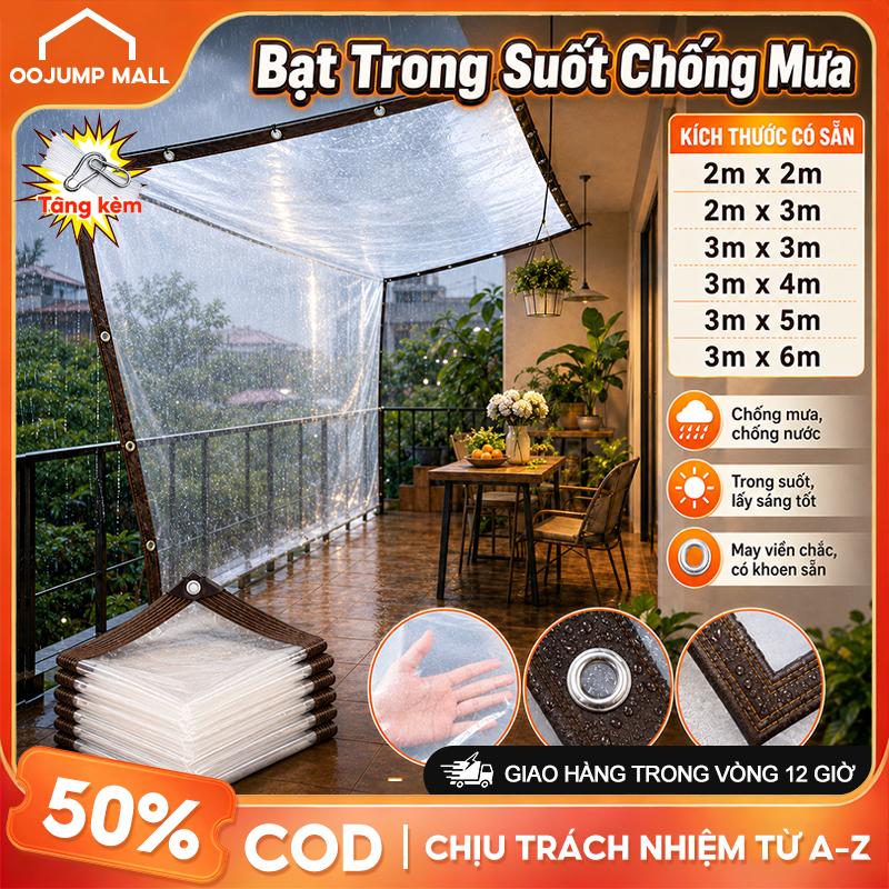 Bạt trong suốt che mưa lấy sáng nhựa PE dày dặn viền rộng 4.5cm có lỗ sẵn tặng dây móc chắn gió ban công ngoài trời