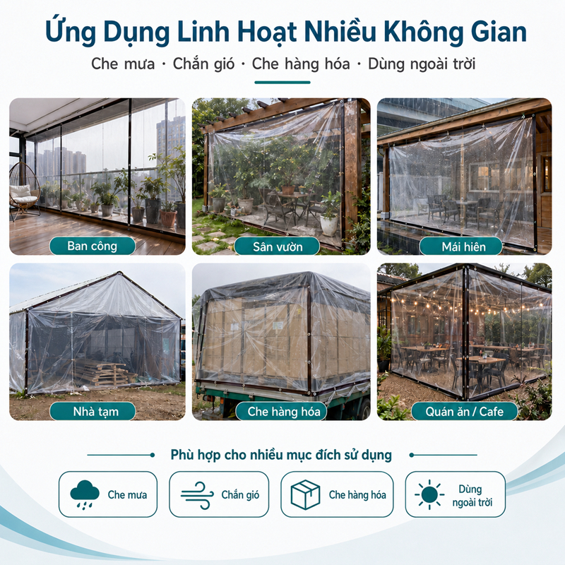 Bạt trong suốt che mưa lấy sáng nhựa PE dày dặn viền rộng 4.5cm có lỗ sẵn tặng dây móc chắn gió ban công ngoài trời