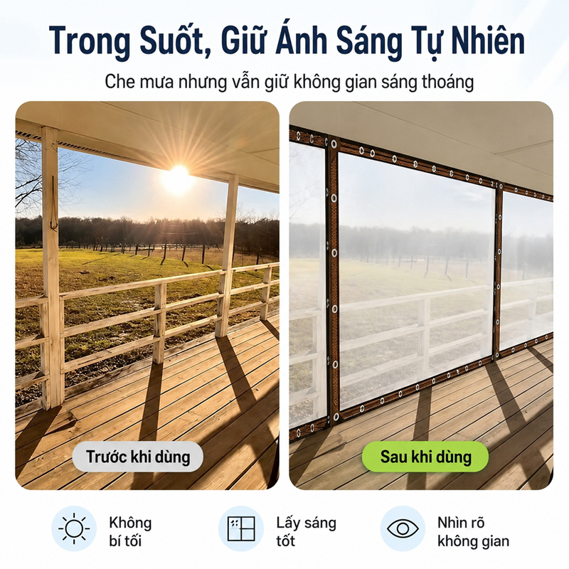 Bạt trong suốt che mưa lấy sáng nhựa PE dày dặn viền rộng 4.5cm có lỗ sẵn tặng dây móc chắn gió ban công ngoài trời