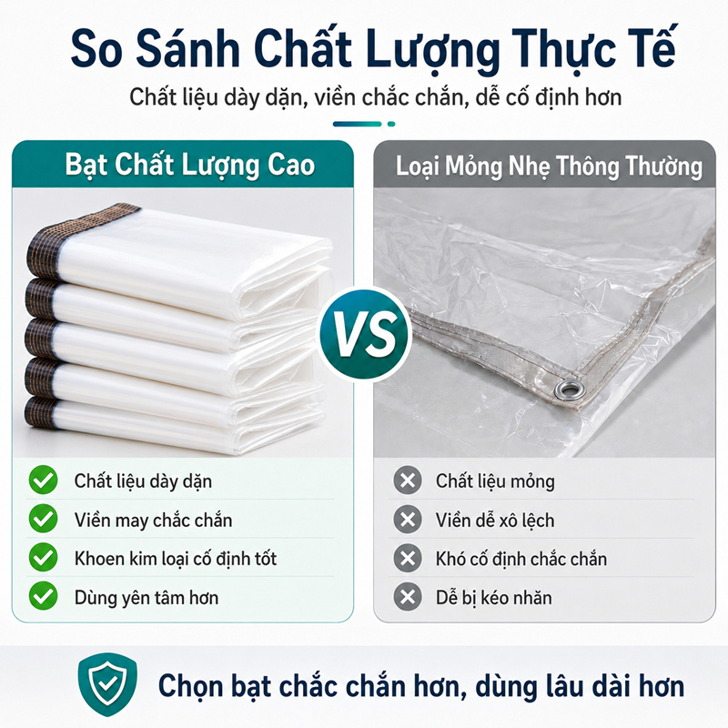 Bạt trong suốt che mưa lấy sáng nhựa PE dày dặn viền rộng 4.5cm có lỗ sẵn tặng dây móc chắn gió ban công ngoài trời