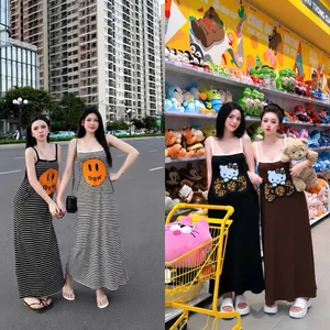 Đầm 2 dây suông in hình mặt cười và mèo , chất thun zip lụa đẹp