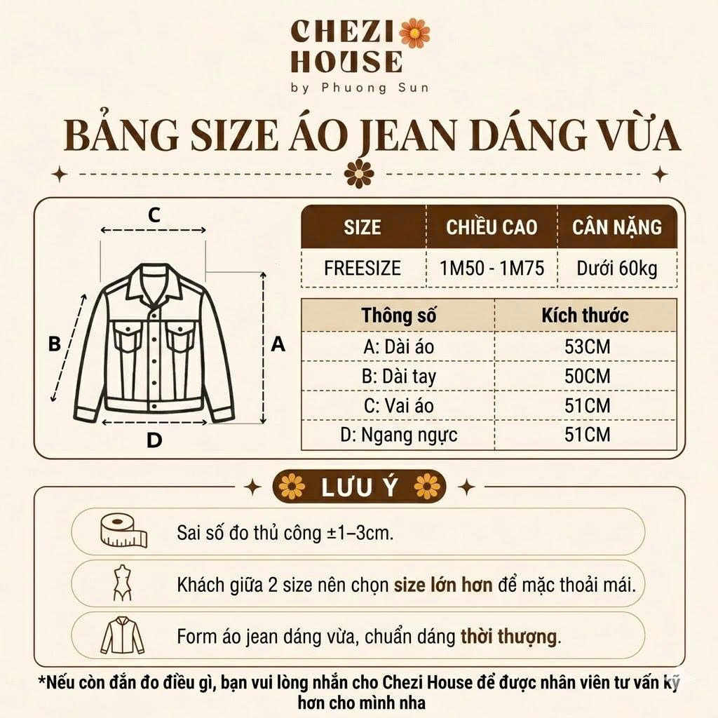 Áo Khoác Jean Nữ Form Vừa Dài 53cm CHEZI HOUSE,  Áo Bò Nữ Dáng Gọn Tôn Dáng Màu Xanh Đậm Basic #8218