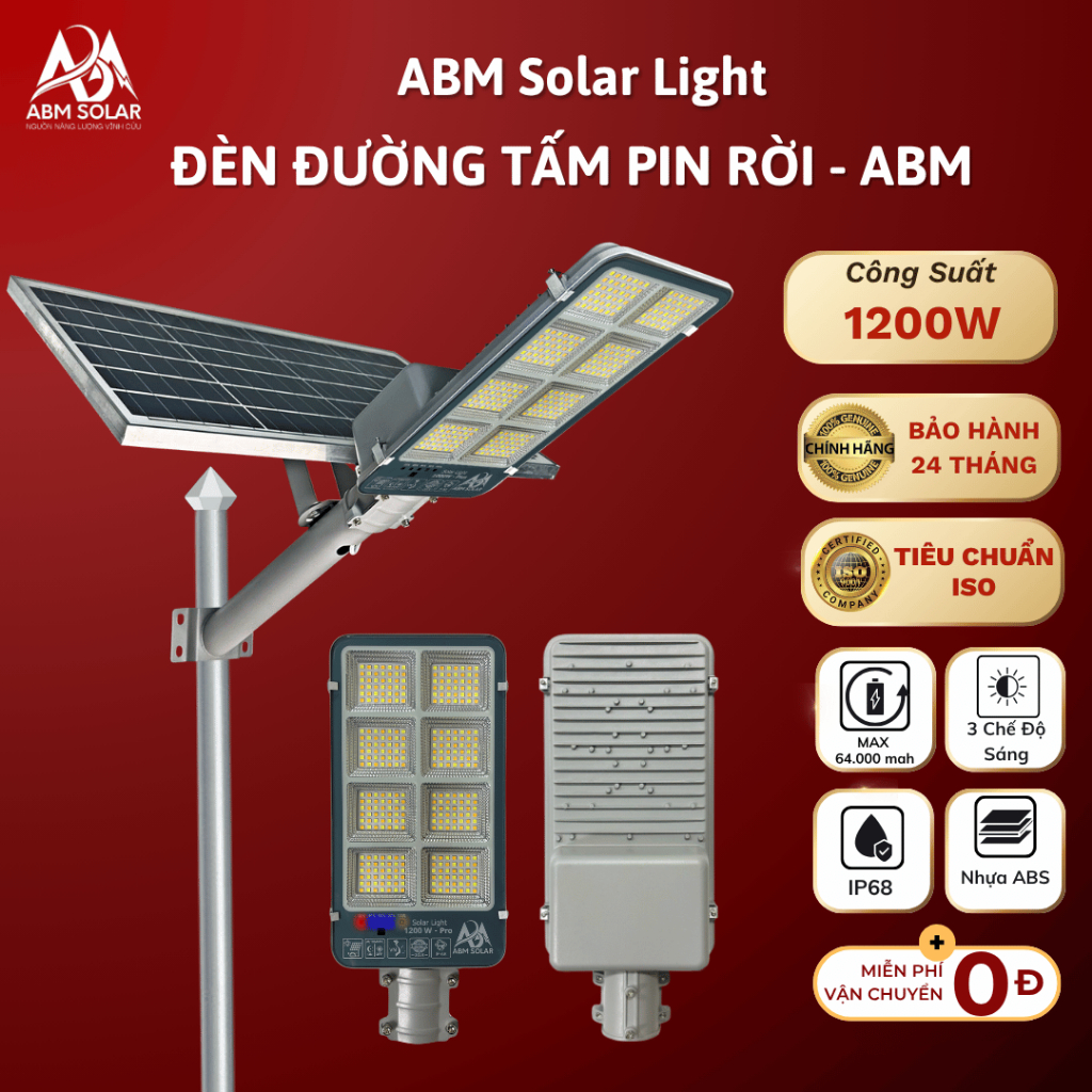 Đèn Đường Năng Lượng Mặt Trời ABMSOLAR 400W-1200W Tấm Pin Rời, Vỏ Nhôm Nguyên Khối, Chống Nước IP68, Remote Điều Khiển