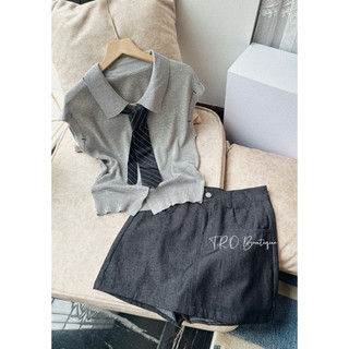 Set Áo Len Cổ Bẻ Cà Vạt Mix Chân Váy Jeans Bò QC
