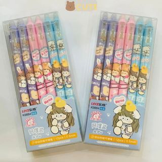 LEAFBOOK Hộp 12 Cây Bút Gel Bấm Xóa Được KING 0.5mm – Mực Xanh/Tím, Viết Êm, Mực Đậm, Họa Tiết Dễ Thương