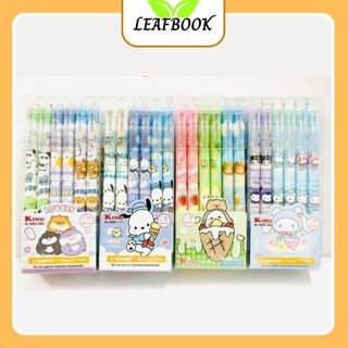LEAFBOOK Hộp 12 Cây Bút Gel Bấm Xóa Được KING 0.5mm – Mực Xanh/Tím, Viết Êm, Mực Đậm, Họa Tiết Dễ Thương