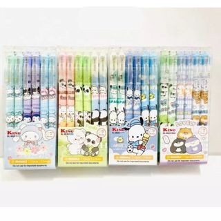LEAFBOOK Hộp 12 Cây Bút Gel Bấm Xóa Được KING 0.5mm – Mực Xanh/Tím, Viết Êm, Mực Đậm, Họa Tiết Dễ Thương