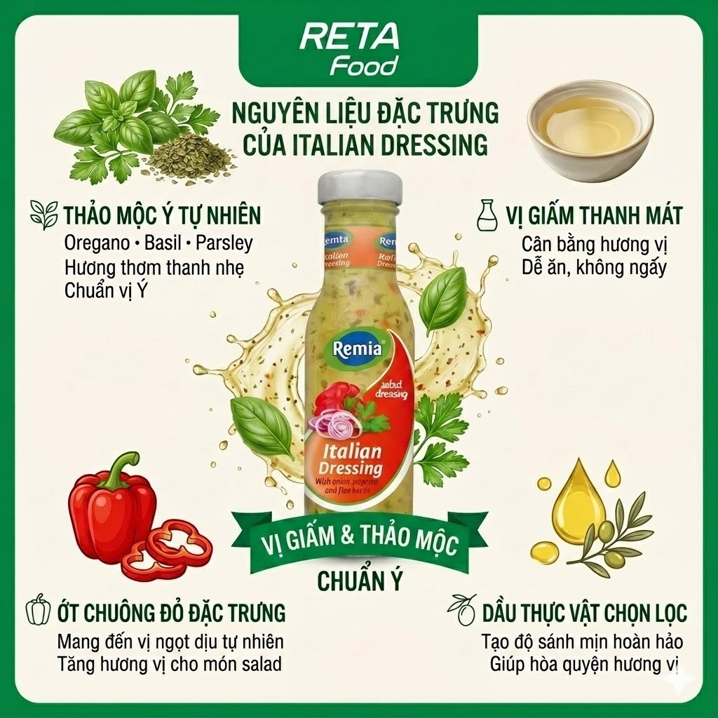 Sốt Trộn Salad Italian Dressing Remia 250ml - Xốt Salad Vị Thảo Mộc Chua Thanh Đậm Đà Cho Rau Củ, Salad-Nhập Khẩu Hà Lan
