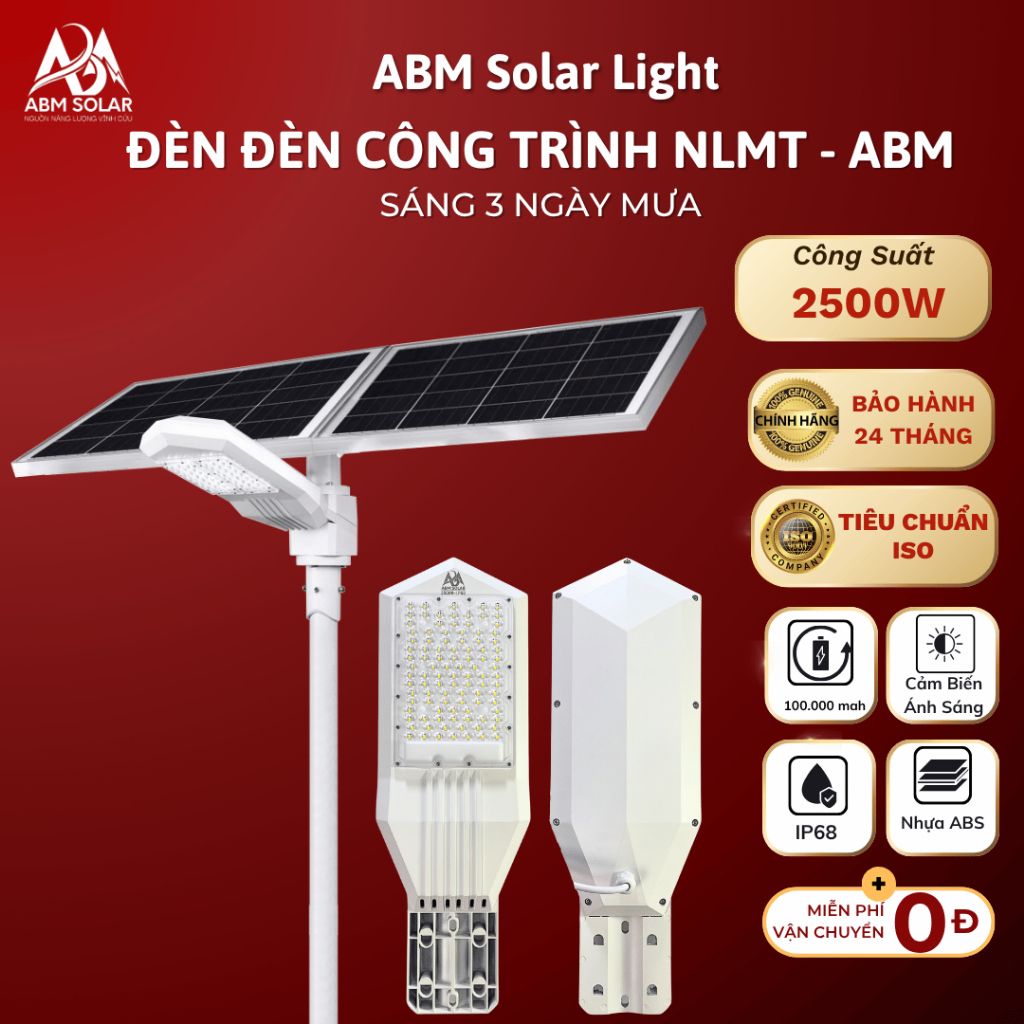 [2500W] Đèn Công Trình Dự Án Công Suất Lớn Năng Lượng Mặt Trời ABMSOLAR, Vỏ Nhôm Nguyên Khối, Chiếu Sáng Diện Tích 450m2