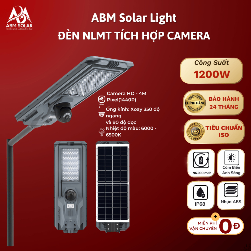 [1200W] Đèn Năng Lượng Mặt Trời Có Tích Hợp Camera - ABMSOLAR, Nhựa ABS Cao Cấp, Chống Nước IP68