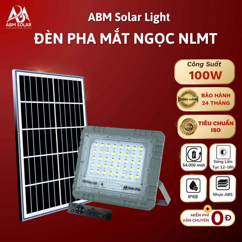 [100W] Đèn Pha Mắt Ngọc Năng Lượng Mặt Trời ABMSOLAR , Chống Nước IP68, Chất Liệu Nhôm Nguyên Khối