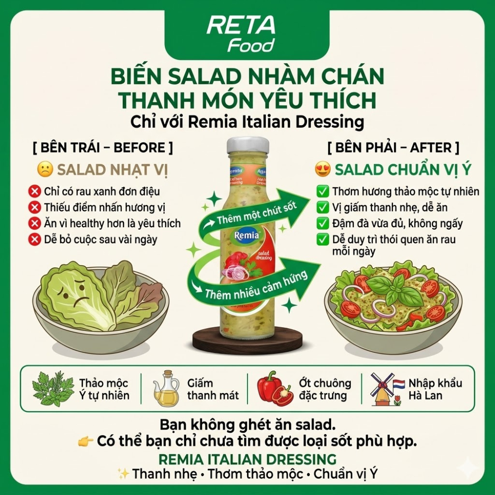 Sốt Trộn Salad Italian Dressing Remia 250ml - Xốt Salad Vị Thảo Mộc Chua Thanh Đậm Đà Cho Rau Củ, Salad-Nhập Khẩu Hà Lan