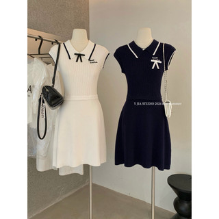 𝐩𝐡𝐢𝐞𝐧 𝐘𝐉𝐈𝐀 | (Sẵn) 377 Váy Len Nơ Cổ Polo Cộc Tay Chữ Thêu Tiểu Thư