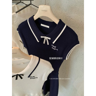 𝐩𝐡𝐢𝐞𝐧 𝐘𝐉𝐈𝐀 | (Sẵn) 377 Váy Len Nơ Cổ Polo Cộc Tay Chữ Thêu Tiểu Thư
