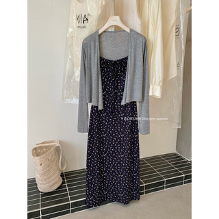 𝐩𝐡𝐢𝐞𝐧 𝐘𝐉𝐈𝐀 | 5723 Set Váy Hoa Nhí Kèm Áo Khoác Cardigan Xám