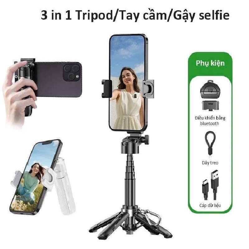 Tripod điện thoại 4 chân 3in1 Gậy chụp ảnh selfie bluetooth có tay cầm chống rung quay video,livestream xoay 360 đa năng