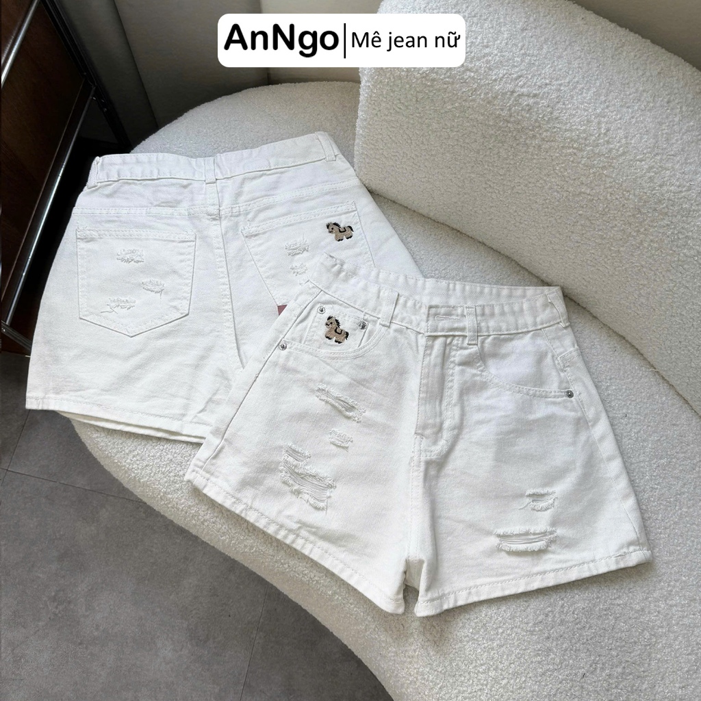 Quần short jean nữ lưng cao ống rộng thêu họa tiết ngựa cute, chất vải jean không giãn Anngo - AT566