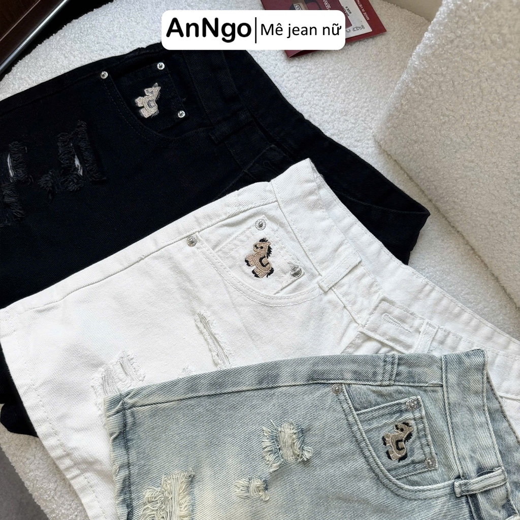 Quần short jean nữ lưng cao ống rộng thêu họa tiết ngựa cute, chất vải jean không giãn Anngo - AT566