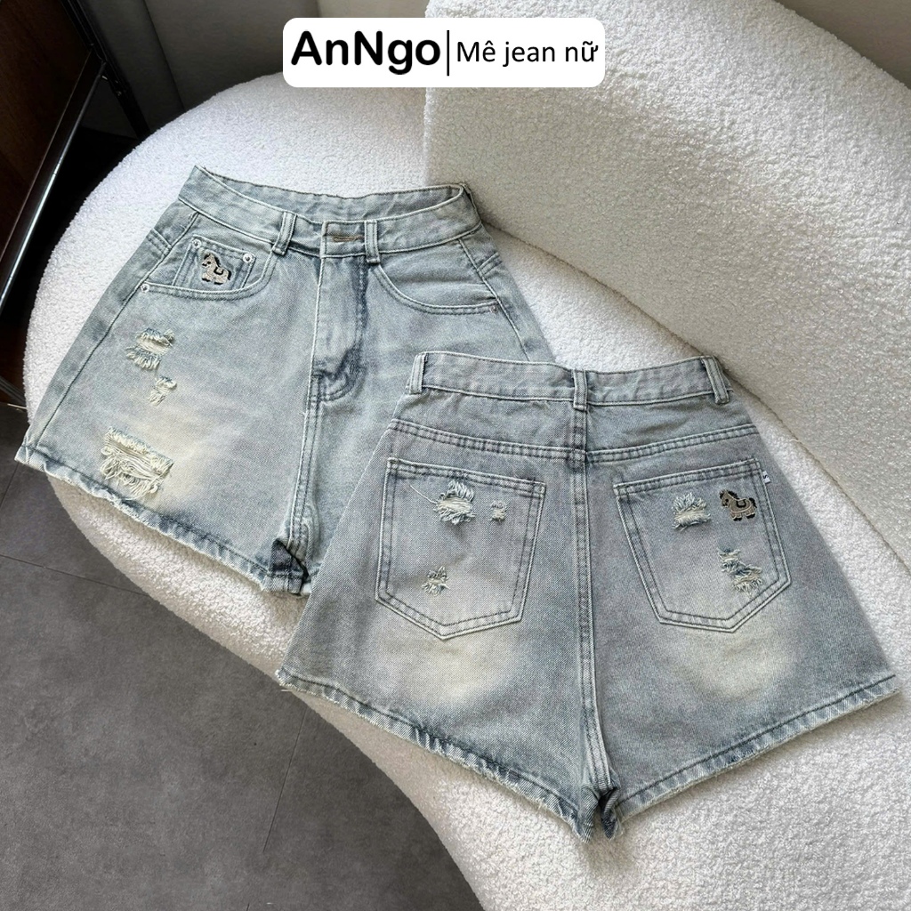 Quần short jean nữ lưng cao ống rộng thêu họa tiết ngựa cute, chất vải jean không giãn Anngo - AT566