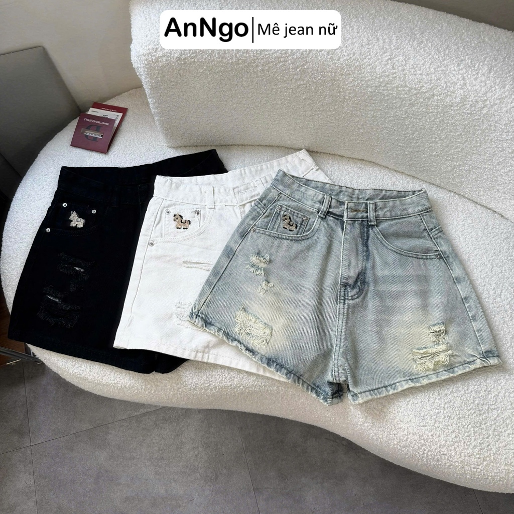 Quần short jean nữ lưng cao ống rộng thêu họa tiết ngựa cute, chất vải jean không giãn Anngo - AT566
