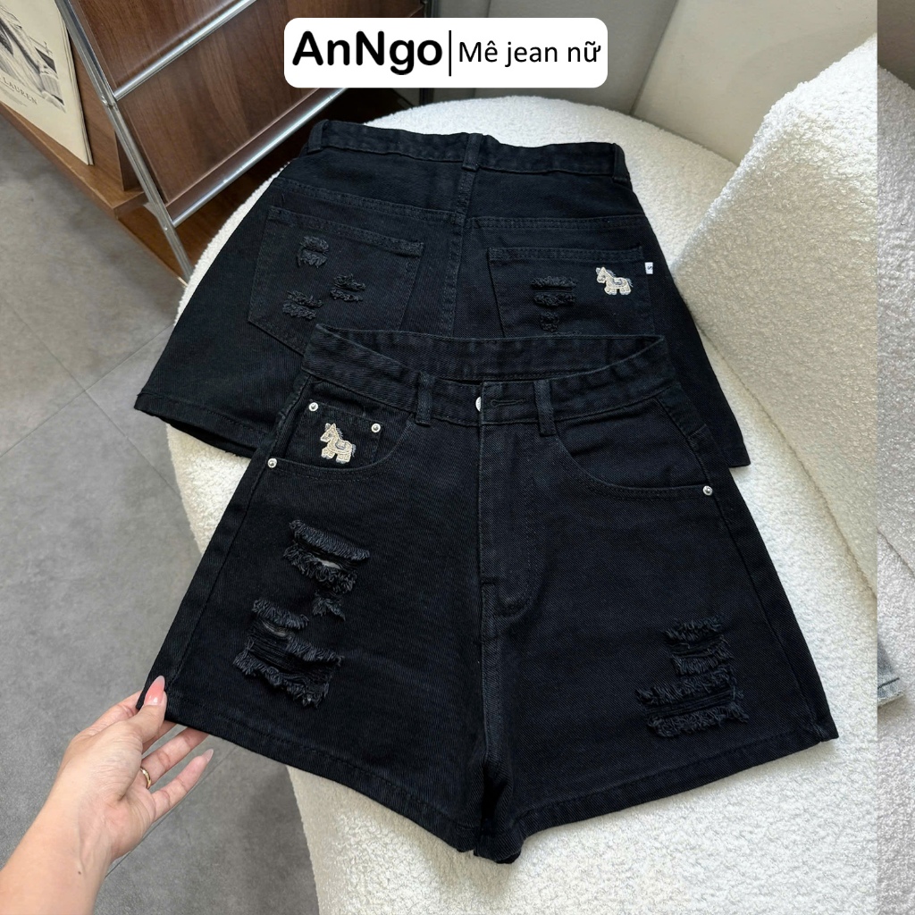 Quần short jean nữ lưng cao ống rộng thêu họa tiết ngựa cute, chất vải jean không giãn Anngo - AT566
