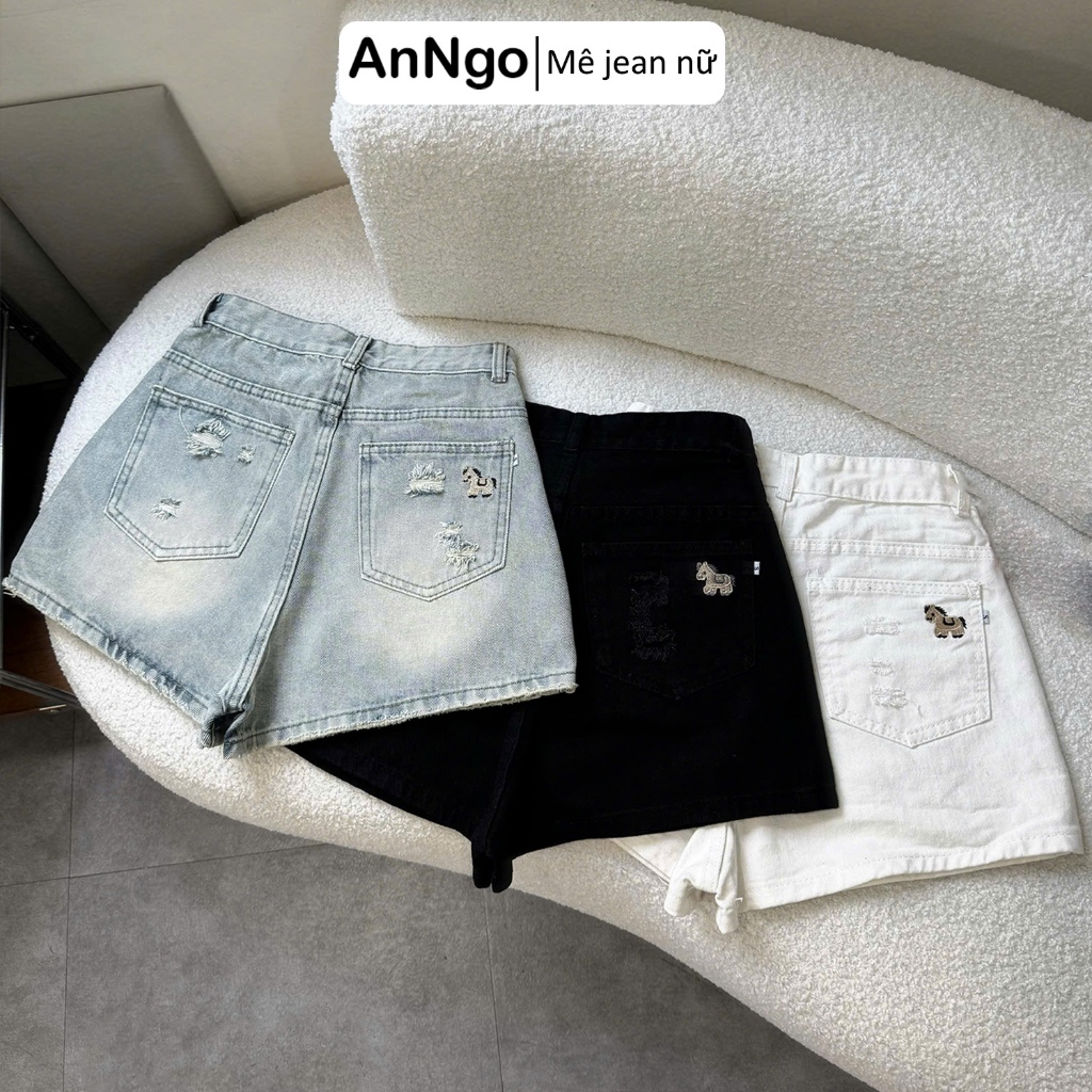 Quần short jean nữ lưng cao ống rộng thêu họa tiết ngựa cute, chất vải jean không giãn Anngo - AT566