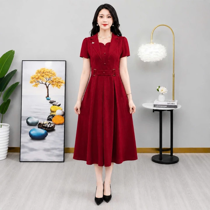 Váy trung niên cho mẹ mặc dự tiệc, đầm trung niên cho mẹ Lụa Pháp cổ Vest có đai eo cao cấp (VD)