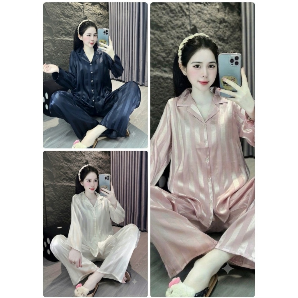 [40-60kg] Bộ Đồ Mặc Nhà Pijama Lụa Gấm Dài Tay, Bộ Ngủ Nữ Thời Trang Dáng Rộng Thoải Mái DD01